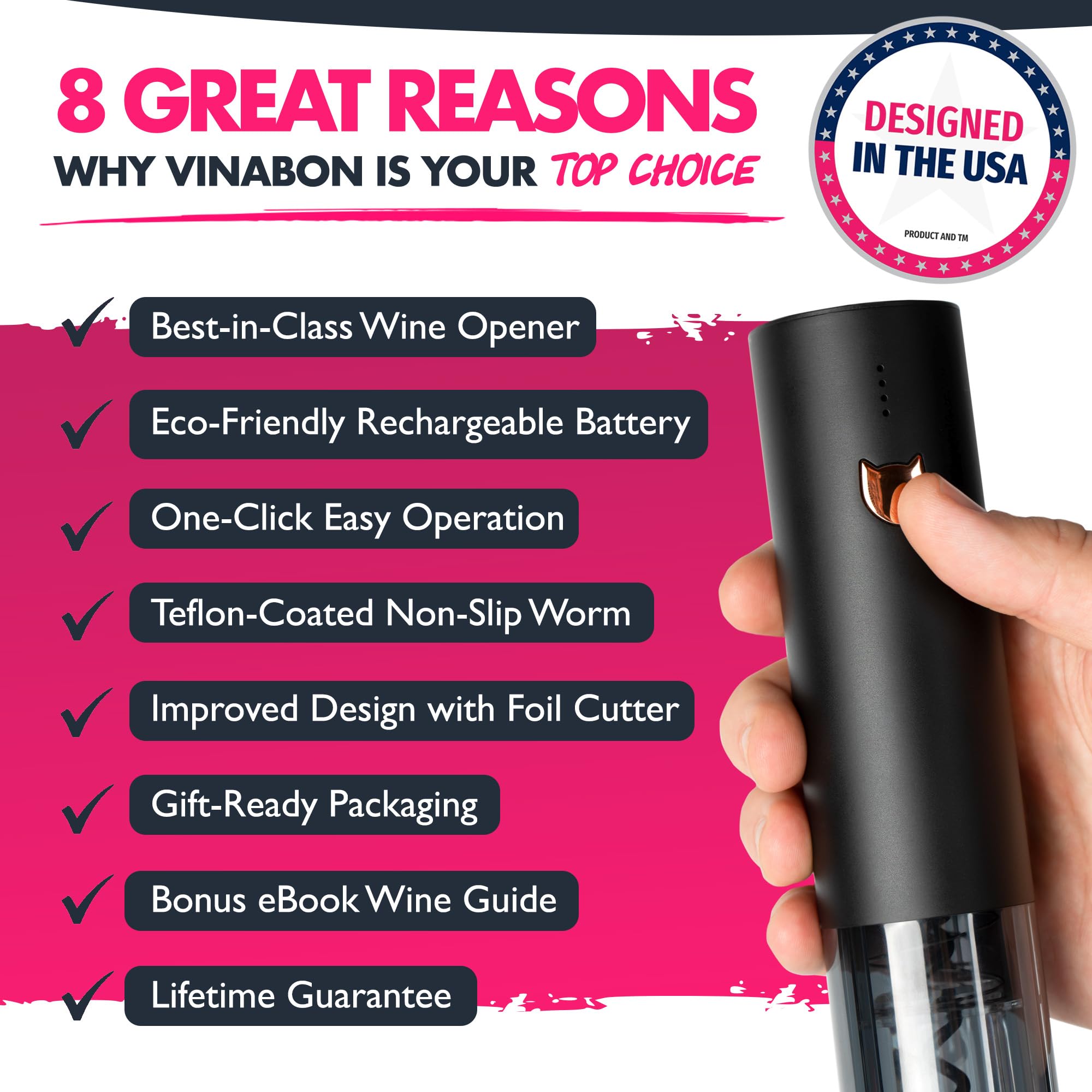 VINABON one-touch operation enables quick, clean bottle opening