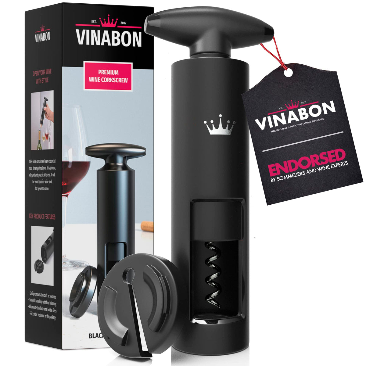 VINABON self-pulling wine opener opens corks quickly with minimal effort.