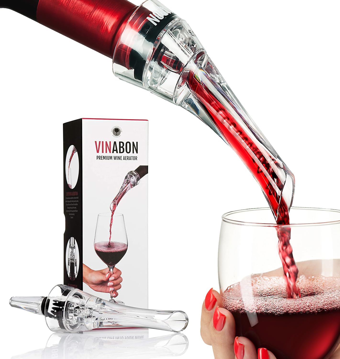 Vinabon wine aerator pourer on corked bottle enhances aroma.
