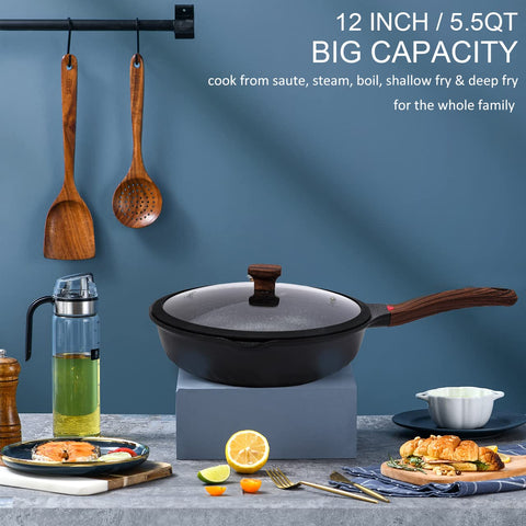 Vinchef 12-inch, 5.5-quart pan supports gas, induction, and more.