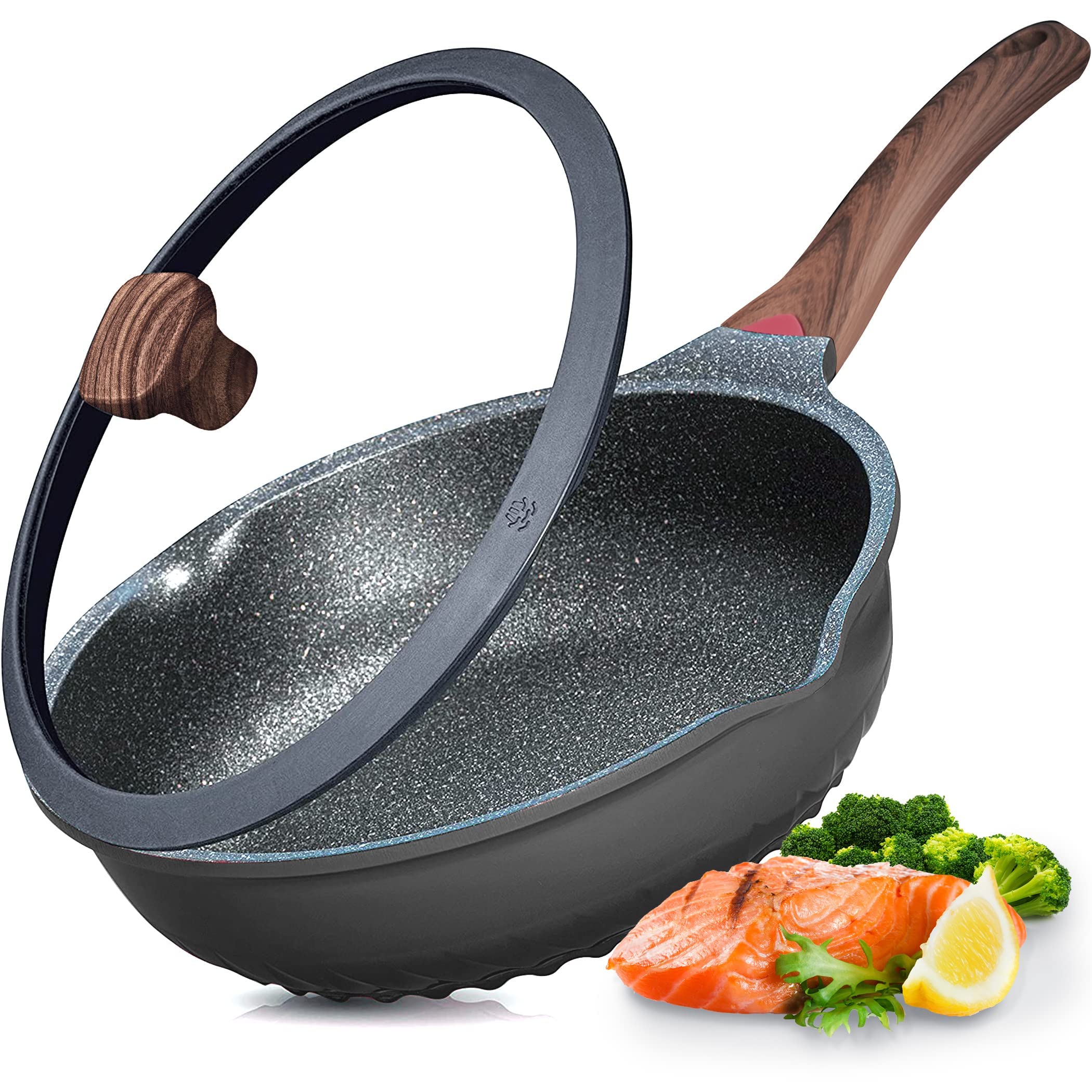 Vinchef nonstick deep fry pan with lid on stove for easy cooking