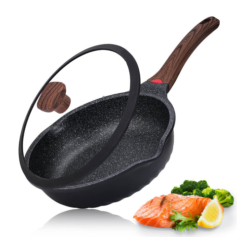 Vinchef nonstick deep fry pan with lid in use for easy cooking and cleanup.