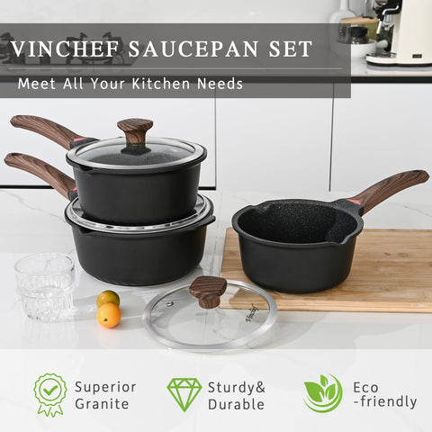 Vinchef 3qt sauce pan with lid highlighting easy-release surface for less oil