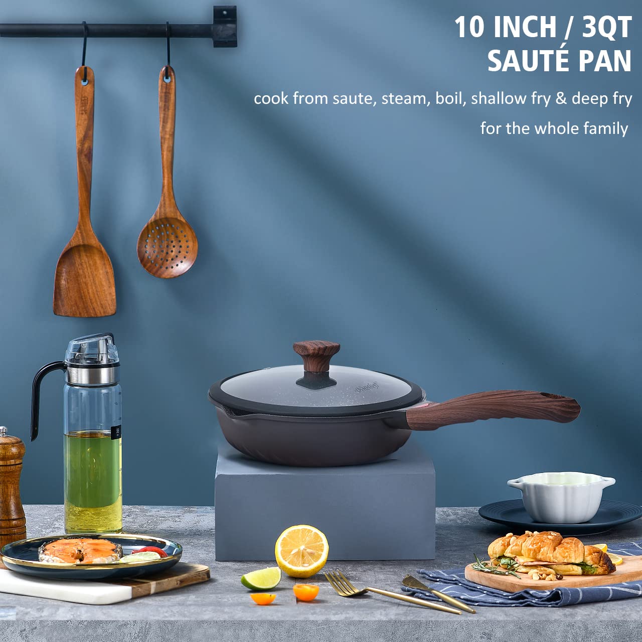 Vinchef saute pan handle close-up showing bakelite grip and heat sensor color change.