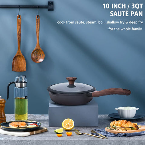 Vinchef saute pan handle close-up showing bakelite grip and heat sensor color change.