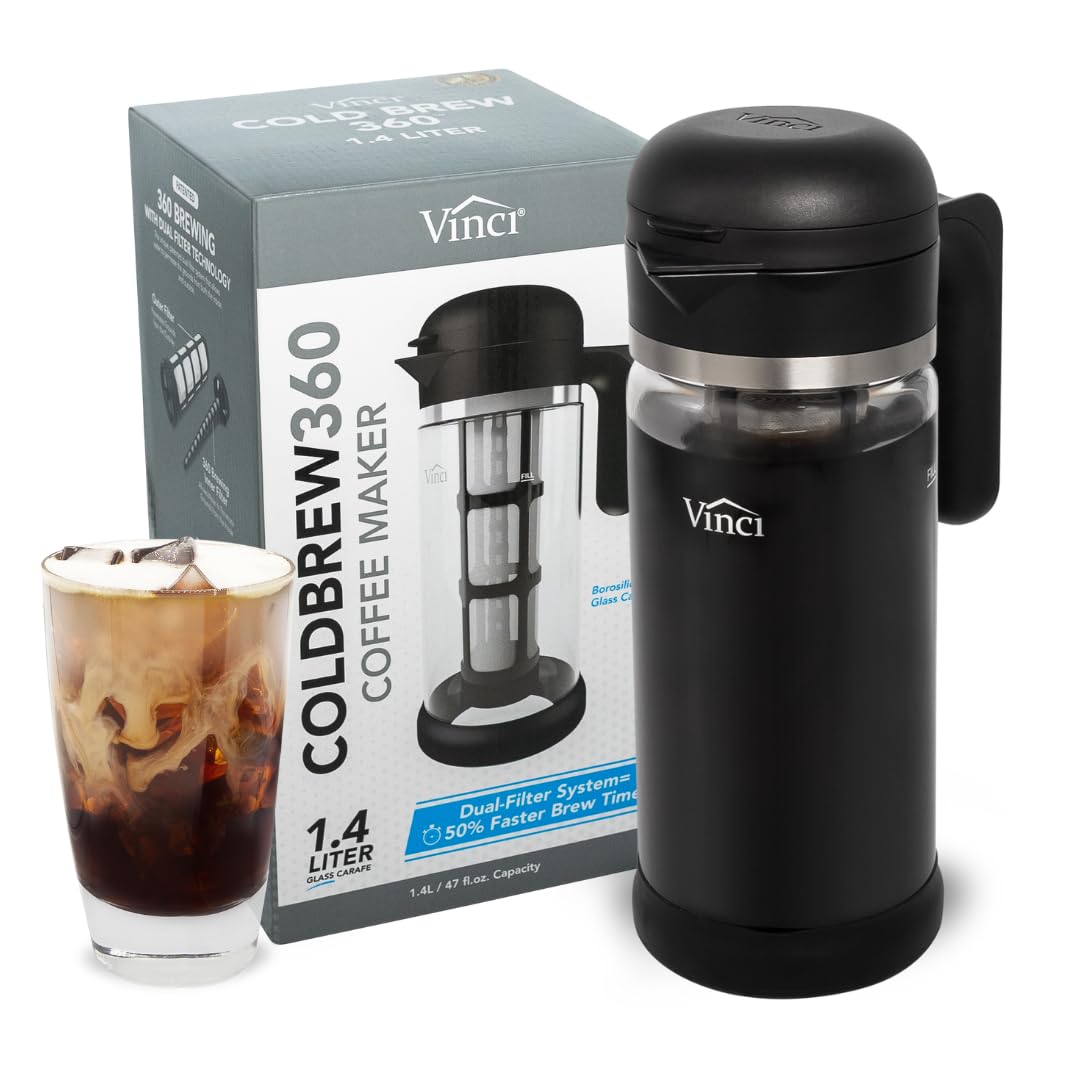 VINCI Cold Brew 360 dual-filter interior view showing enhanced extraction for richer coffee.
