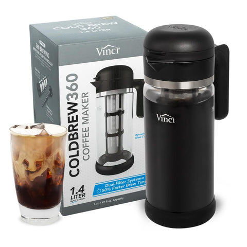 VINCI Cold Brew 360 dual-filter interior view showing enhanced extraction for richer coffee.