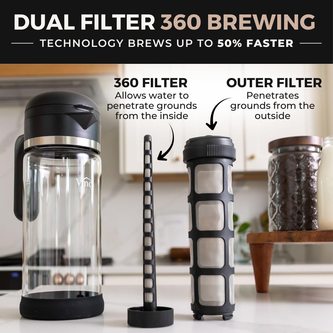 VINCI Cold Brew 360 exterior view highlighting the dual-filter system for faster flavor.