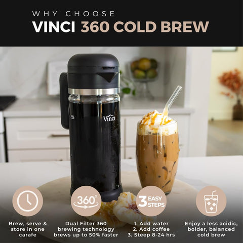 VINCI Cold Brew 360 one-point-four-liter glass carafe ready to serve full batches.