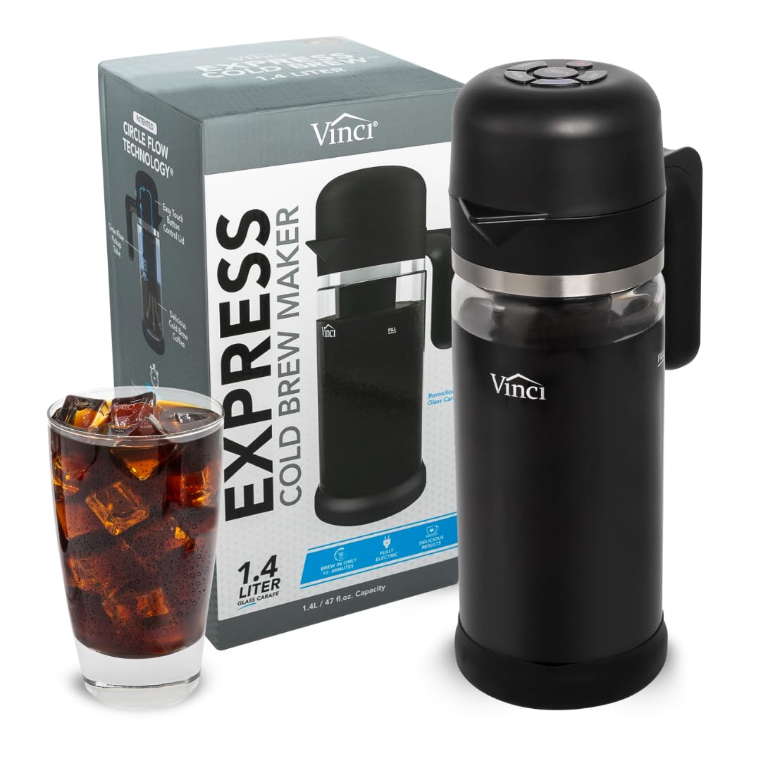 VINCI Express cold brew setup with glass carafe for quick, cafe-quality coffee at home.