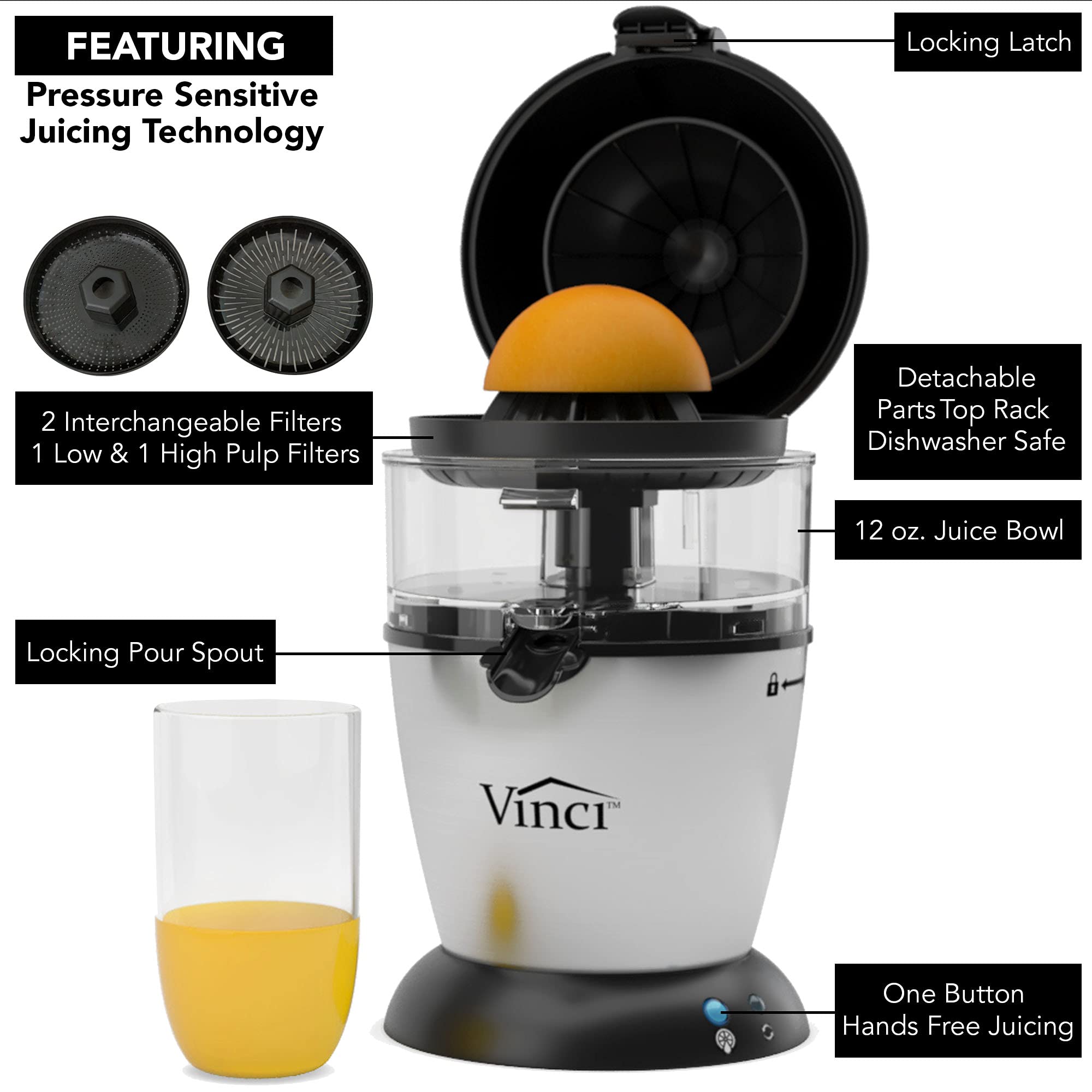 VINCI juice reservoir holds up to 12 ounces for convenient servings.