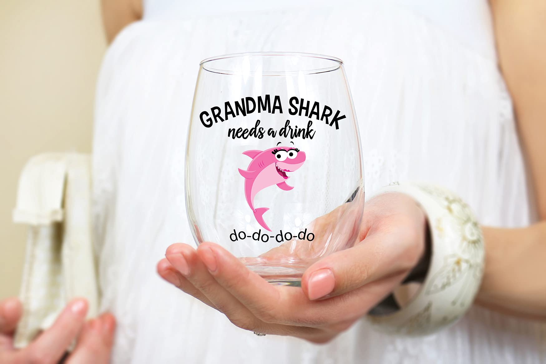 Vine Country grandma shark needs a drink stemless glass, easy to hand wash.