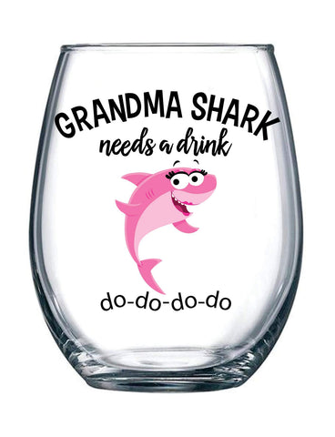 Vine Country grandma shark needs a drink stemless wine glass for celebrations.
