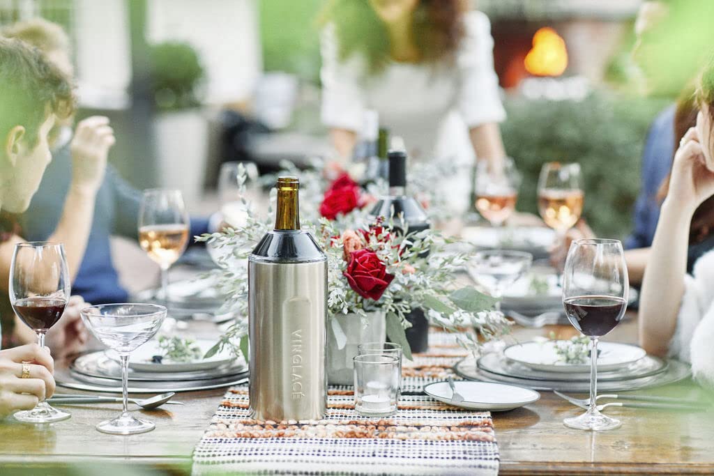 Vinglacé wine chiller in use allows effortless pouring with bottle inside