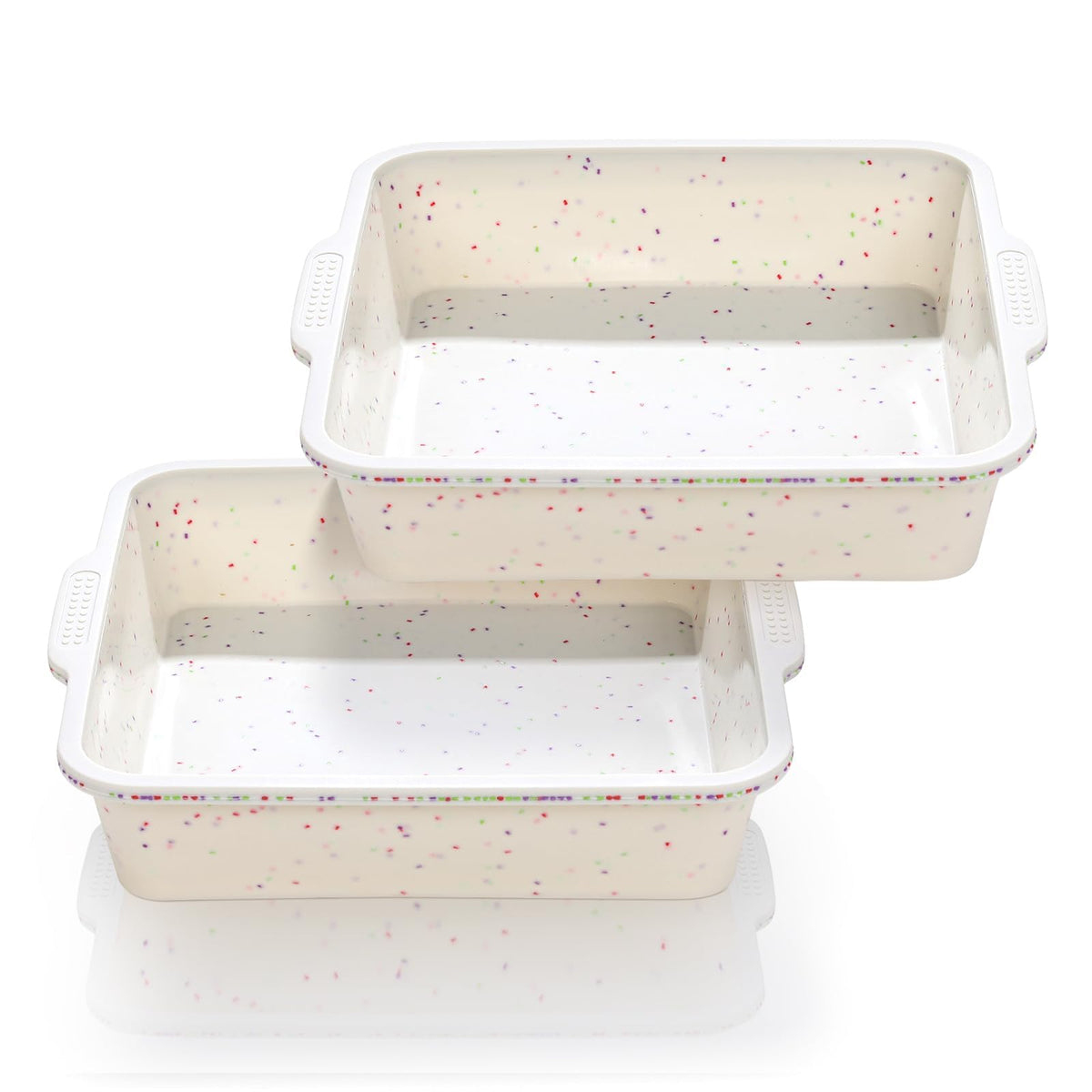 Vinino 8-inch silicone square cake pan with metal reinforced frame for secure grip.