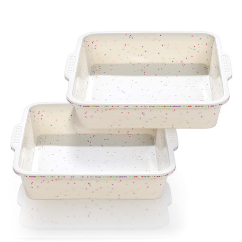 Vinino 8-inch silicone square cake pan with metal reinforced frame for secure grip.