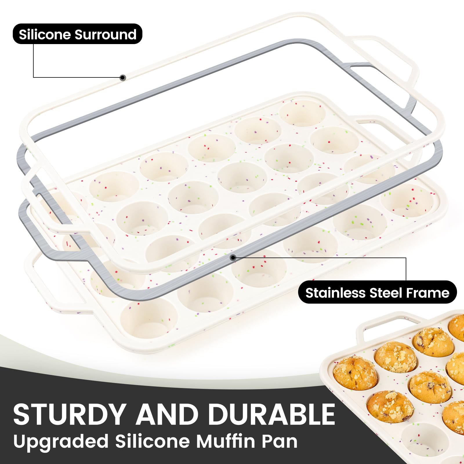 Vinino mini muffin pan metal reinforced frame close-up highlights sturdy construction for safer handling