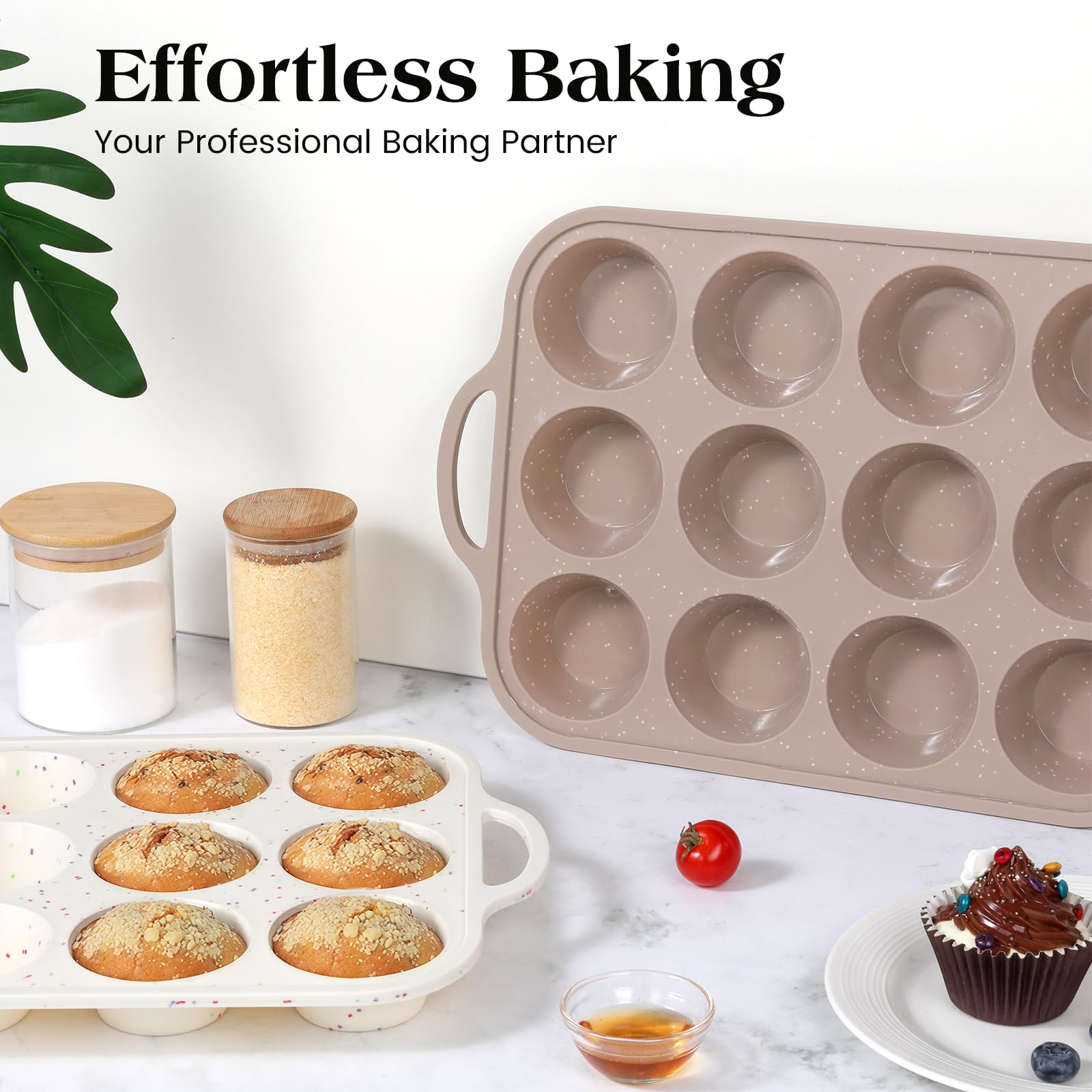 Vinino muffin pan in beige-brown color adds warmth to your bake setup.