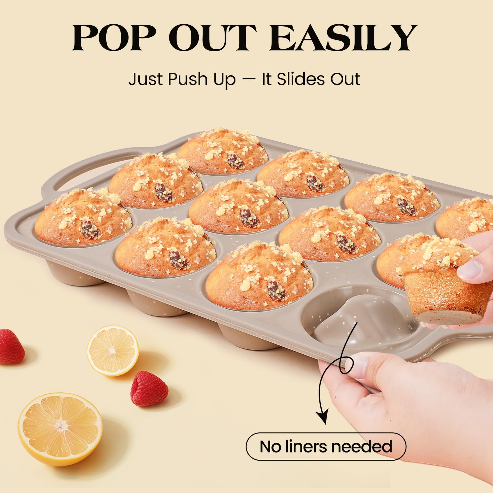 Vinino oven-safe silicone muffin pan suitable for oven, microwave, and freezer use.