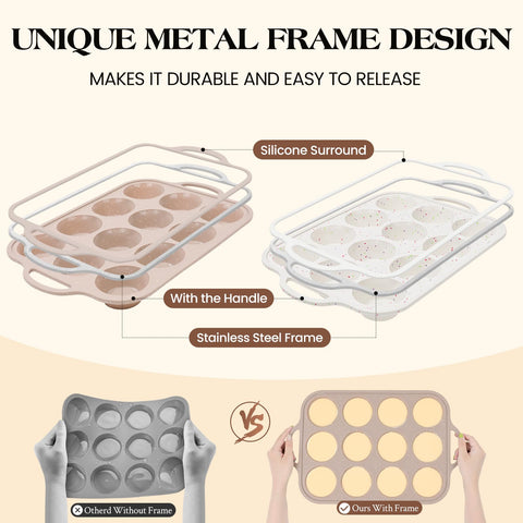 Vinino 12-cup silicone muffin pan enabling effortless muffin release.