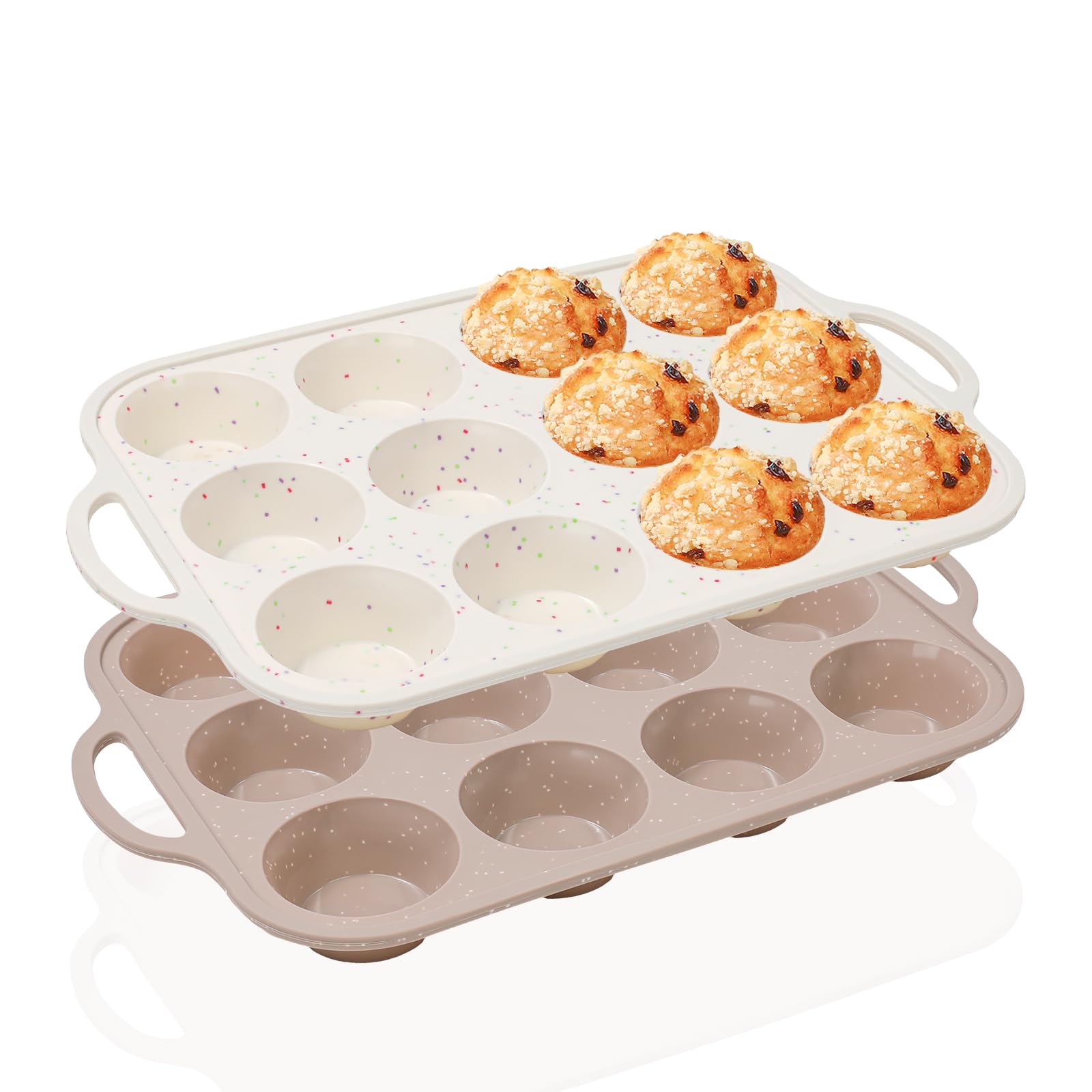 Vinino silicone muffin pan with a metal-reinforced edge for secure oven handling.