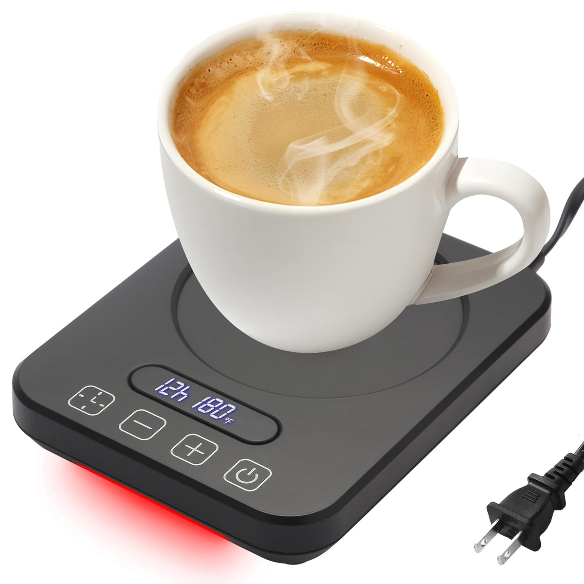 Vinkoe mug warmer on a desk with display showing temperature for easy monitoring.