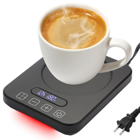 Vinkoe mug warmer on a desk with display showing temperature for easy monitoring.
