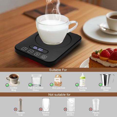 Vinkoe mug warmer showing timer settings for auto shut-off.