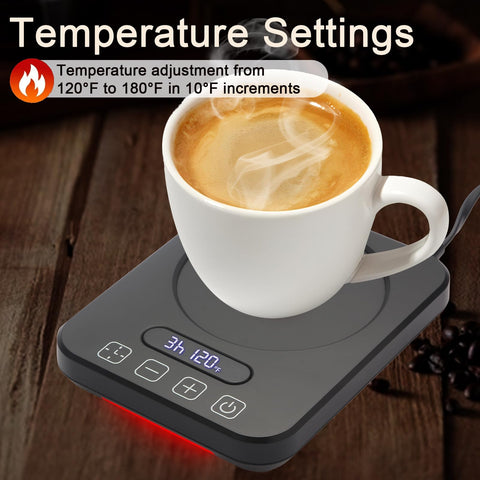 Vinkoe office desk setup featuring a warm mug warmer solution.