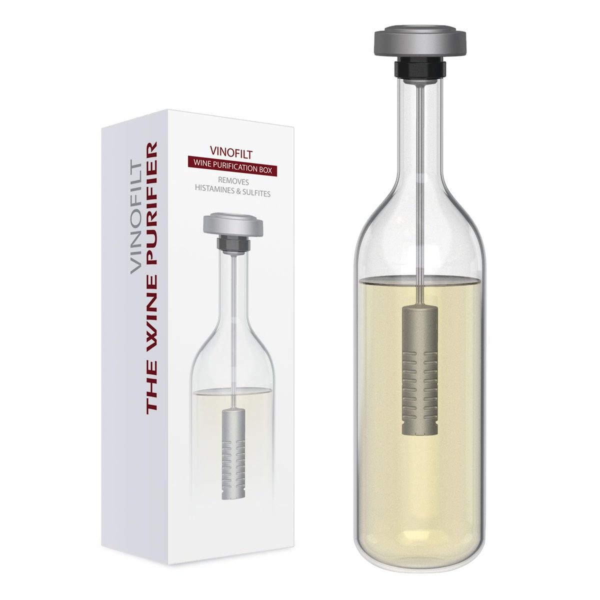 VinoFilt Wine Wand being inserted into a bottle to enable filtration and flavor preservation