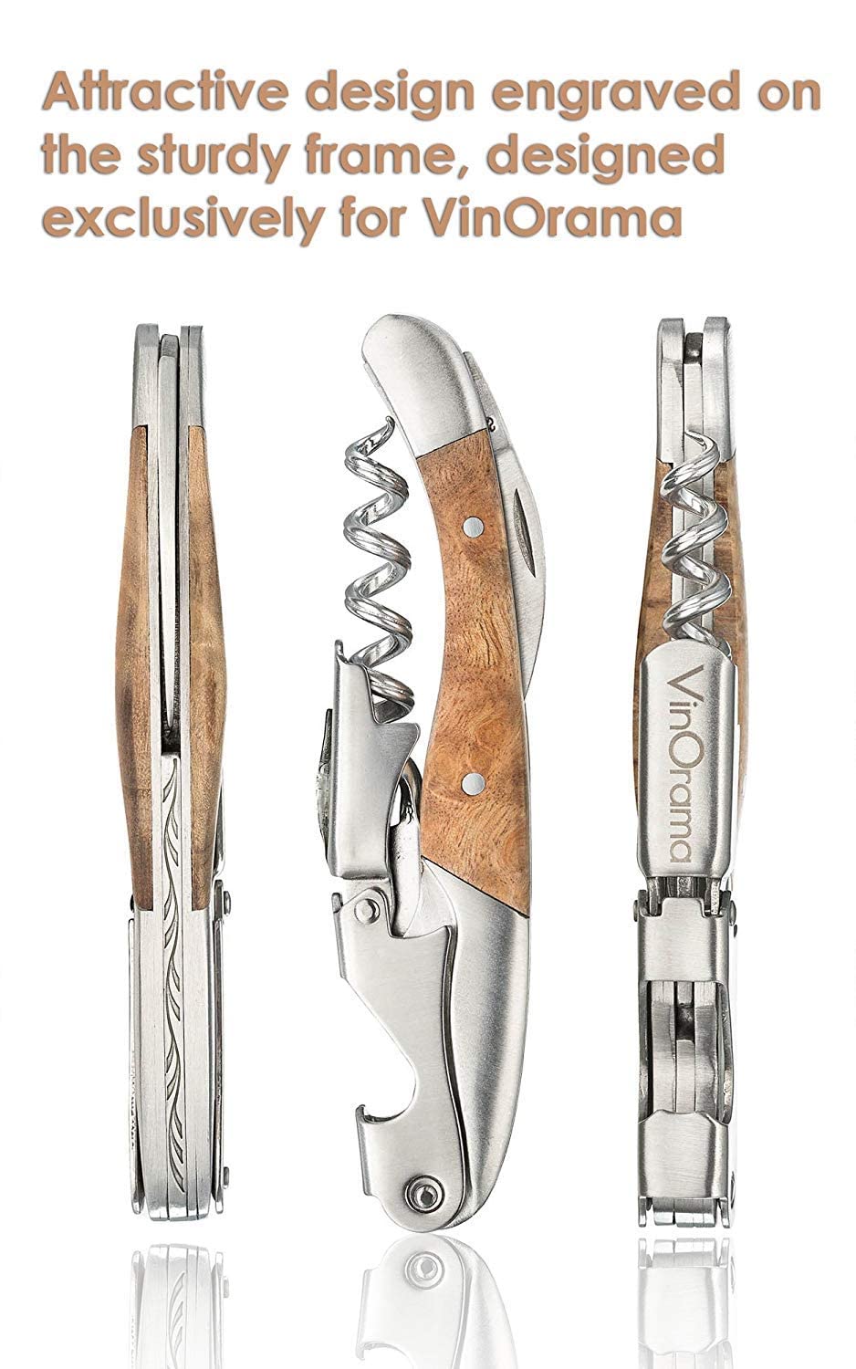 VinOrama stainless steel body and rosewood grip designed for durable daily use.