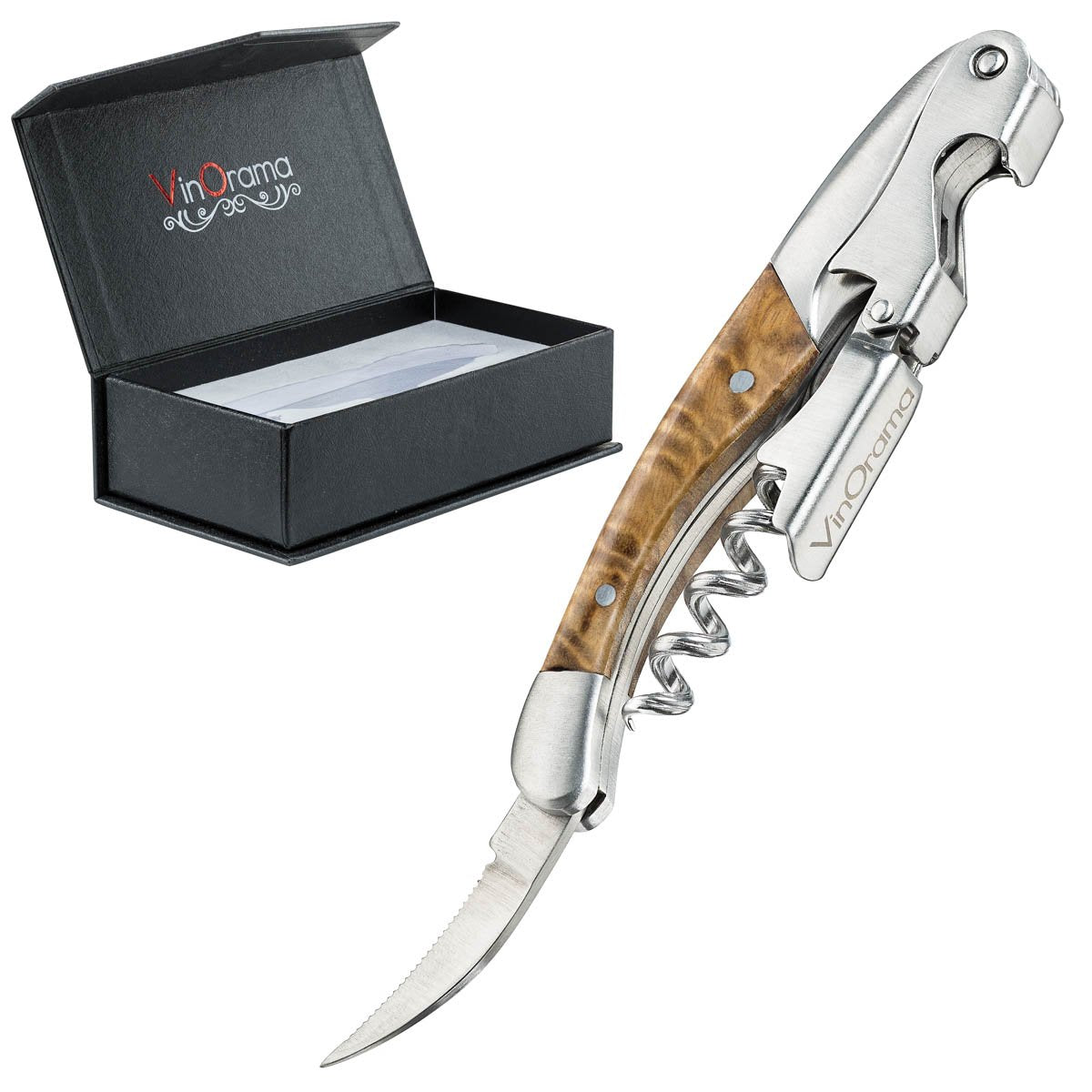 VinOrama waiters corkscrew close-up showing the rosewood handle for smooth cork removal.