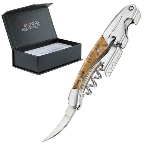 VinOrama waiters corkscrew close-up showing the rosewood handle for smooth cork removal.