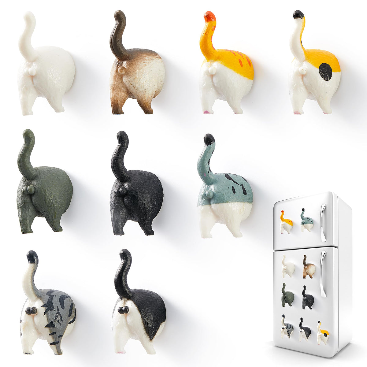 Vinsiora cat-tail magnets on fridge hold notes with color and whimsy.