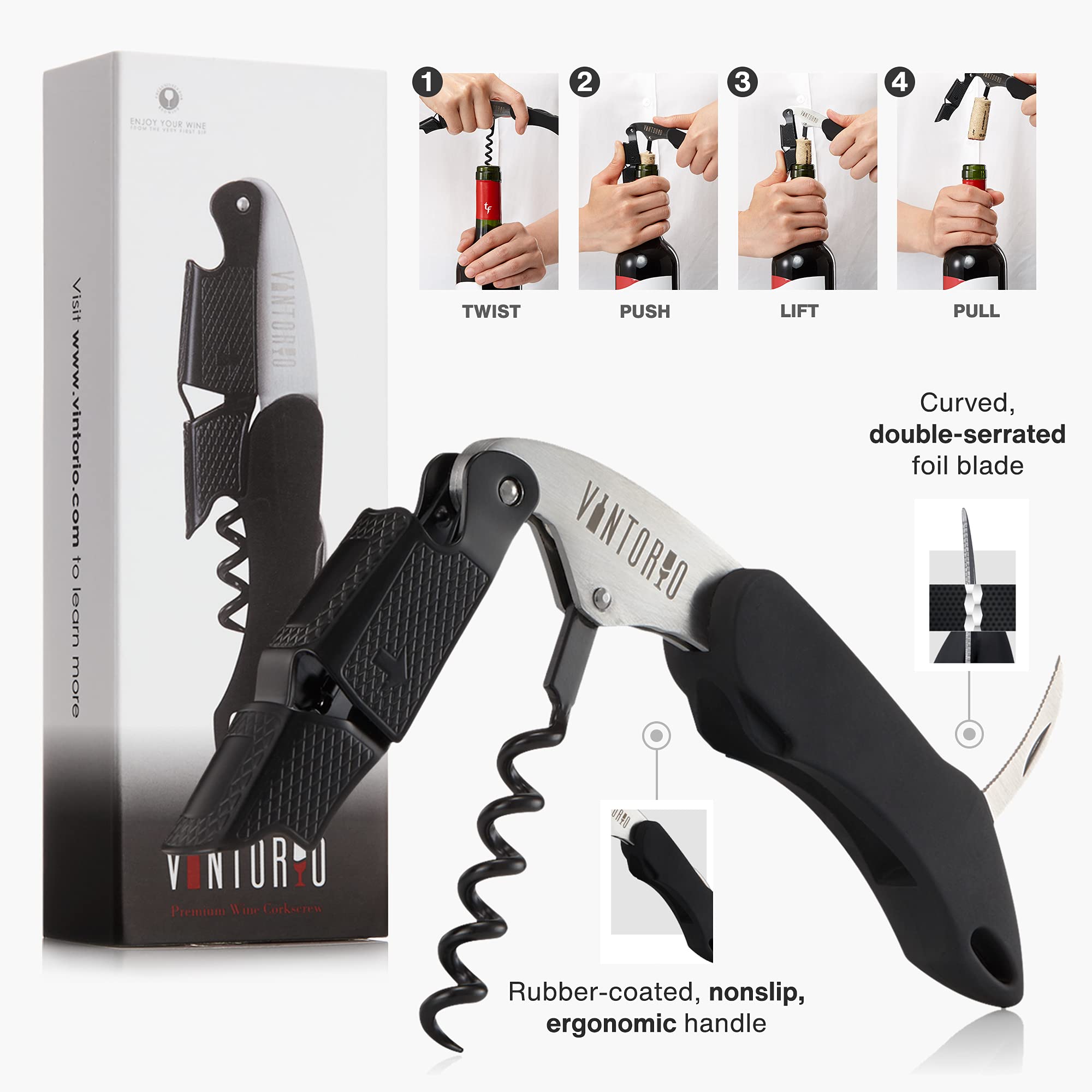 Vintorio corkscrew bottle opener function ready for beer and wine