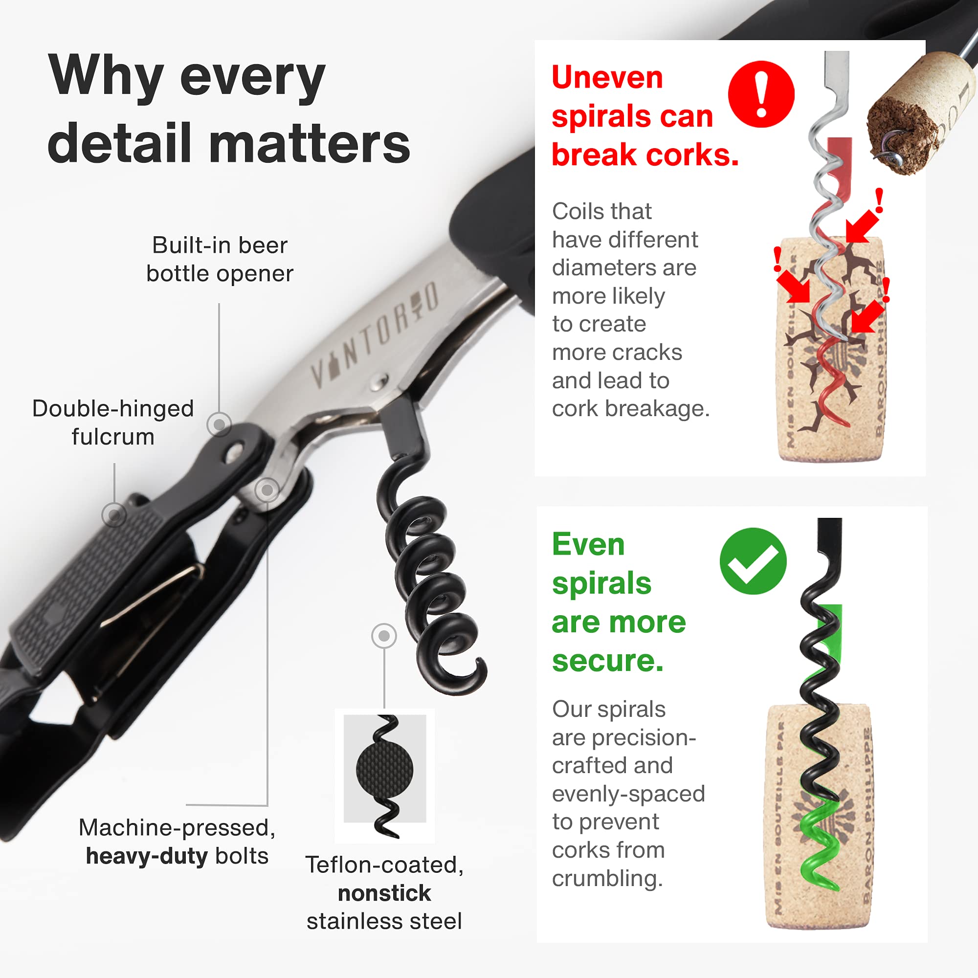 Vintorio corkscrew rubber grip ensures secure hold during uncorking
