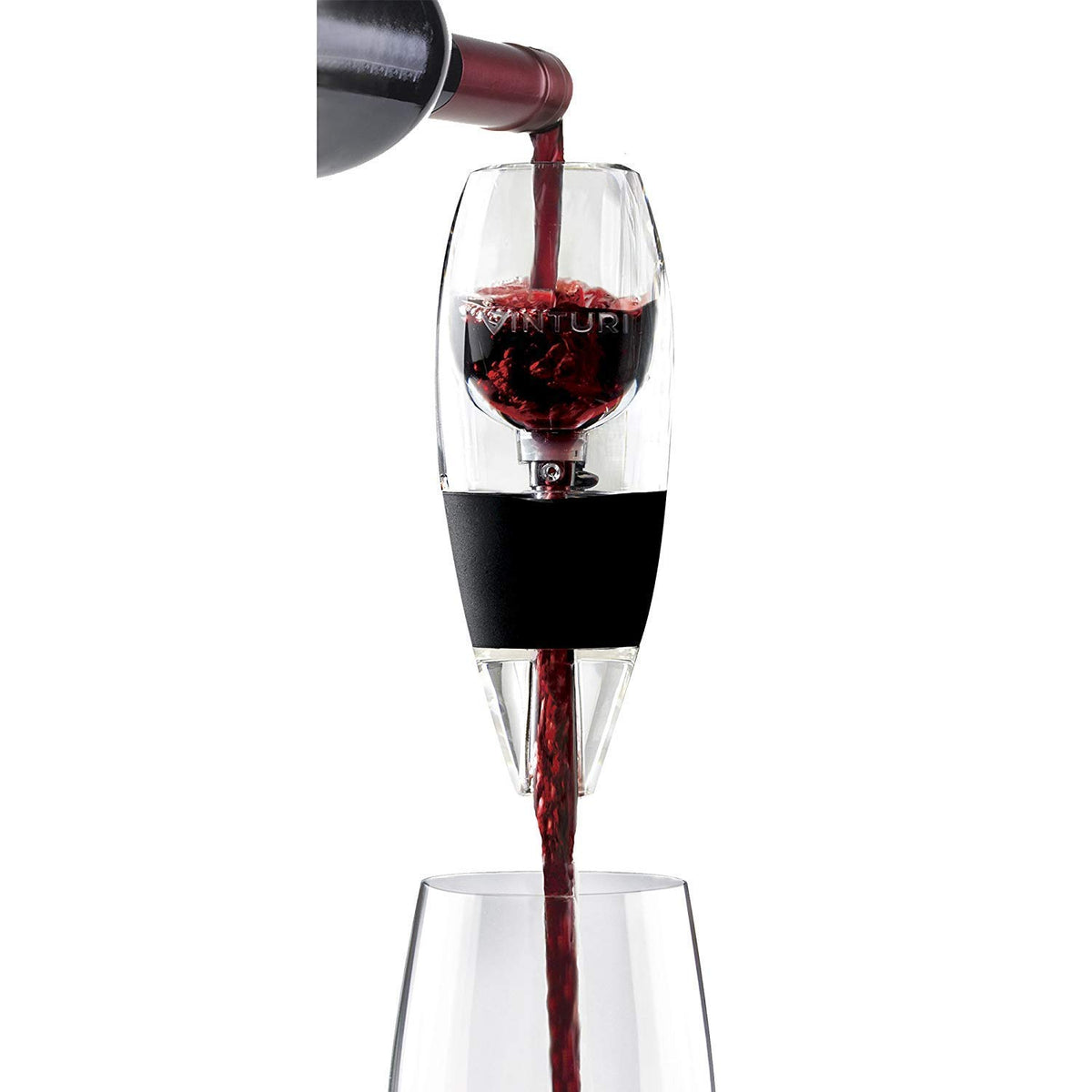 Vinturi Red Wine Aerator base stabilizes the setup for quick, uniform aeration.