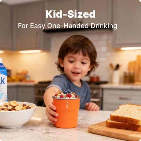 VINUR Kids Cups front view in orange; ideal for kid-friendly meals and travel.