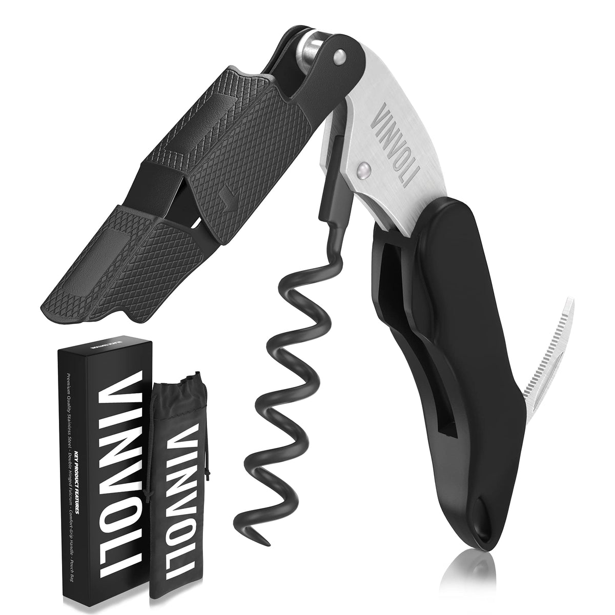 Vinvoli professional waiters corkscrew with foil cutter enables quick bottle openings.