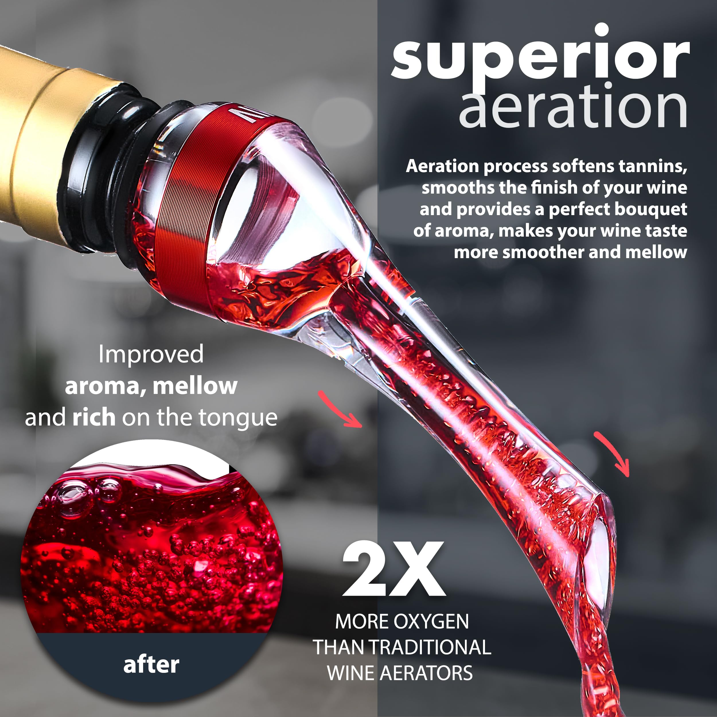 Sleek Vinvoli aerator integrated with decanter to boost aroma and flavor.