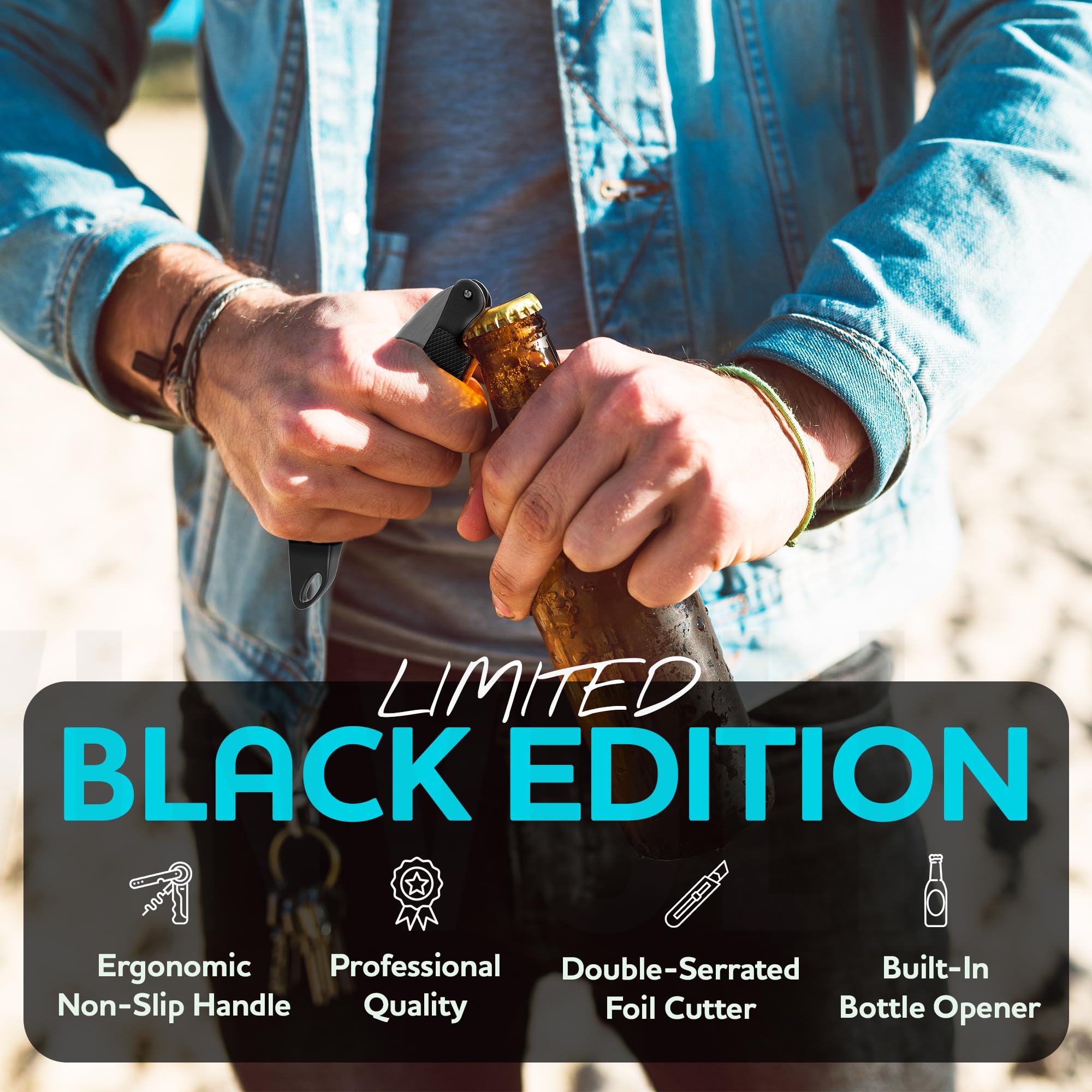 Vinvoli wine key in hand for smooth cork removal.