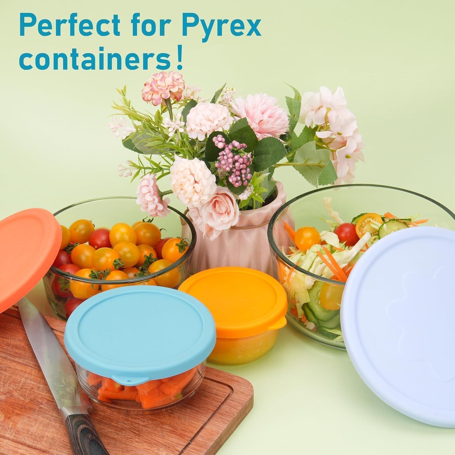 Viotiin Pyrex bowl lid set, silicone lids sized for common bowls.