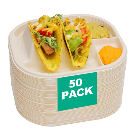 Viotiin taco plates 50-pack assembly keeps shells upright for mess-free serving.