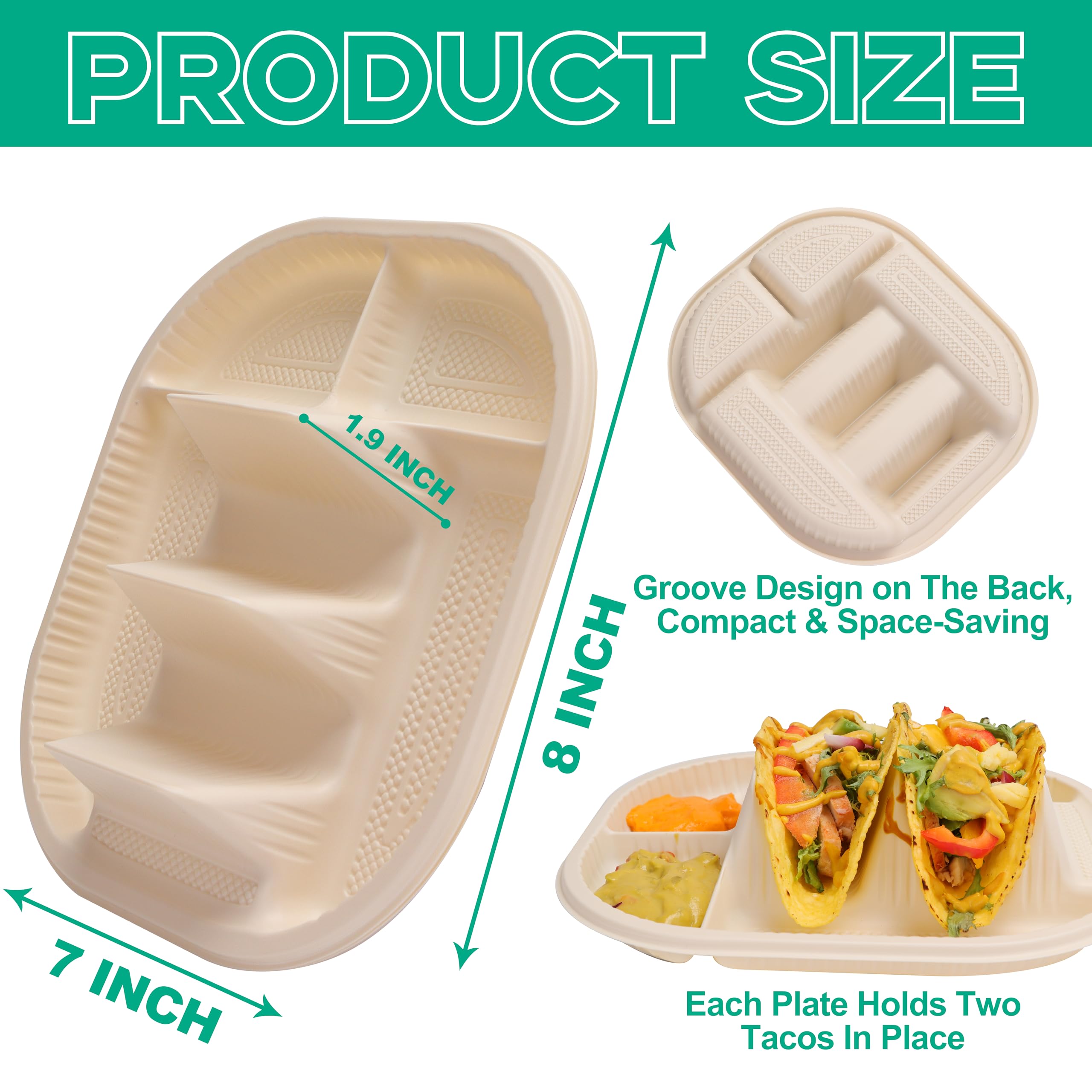 Viotiin taco plates dividers displaying two compartments for sauces and toppings.