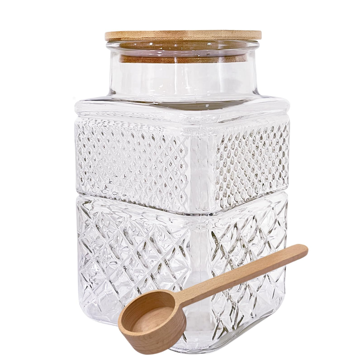 Viovian 60oz square glass jar with wood lid and spoon, ideal for pantry storage.