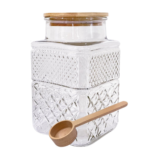 Viovian 60oz square glass jar with wood lid and spoon, ideal for pantry storage.