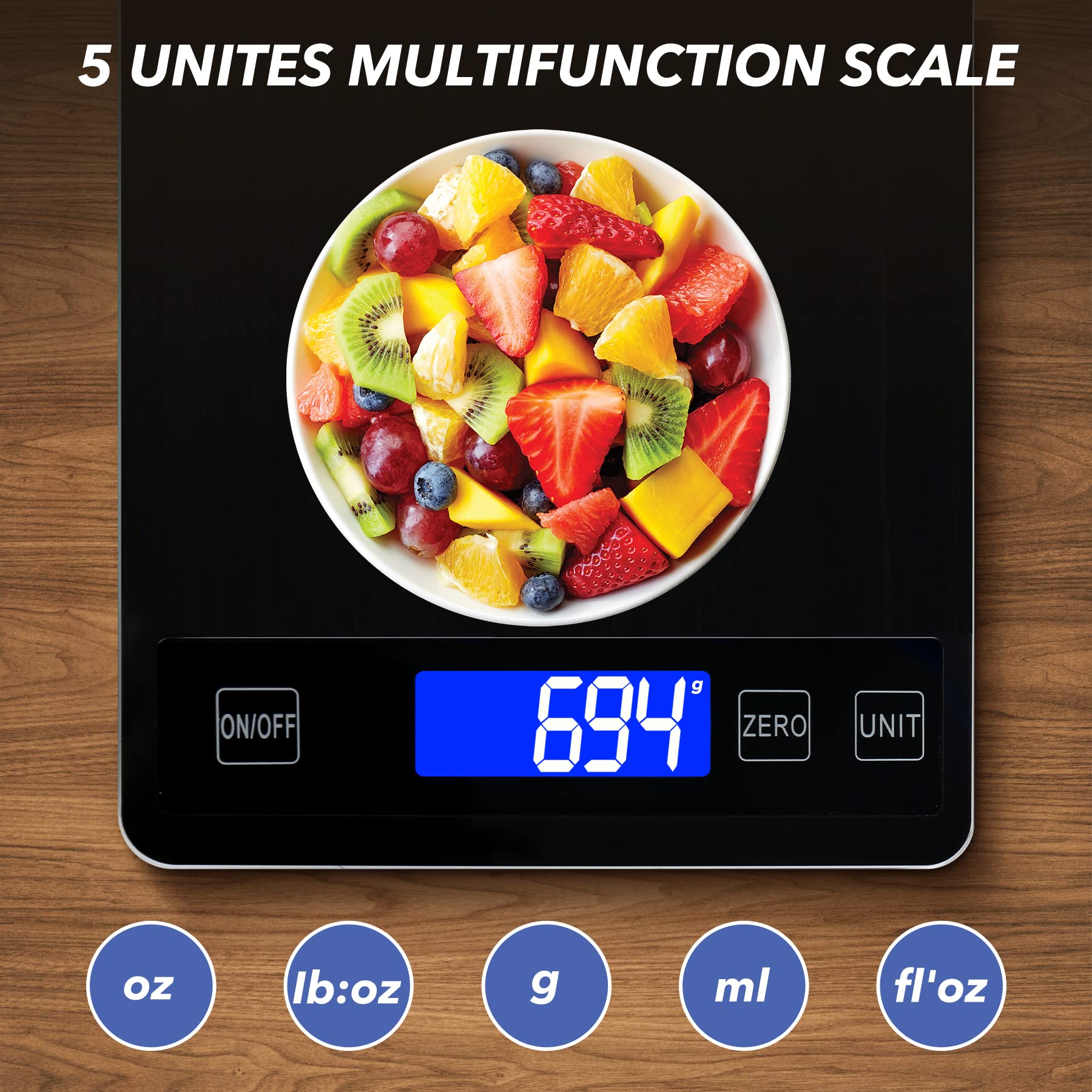 VIRENZZO kitchen scale backlit LCD for easy reading while cooking.