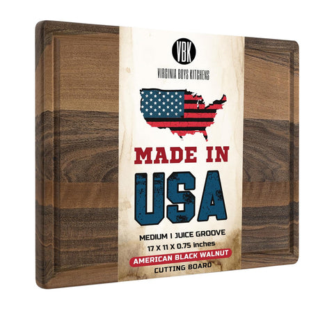 Virginia Boys Kitchens black walnut cutting board with juice well for prep and serving.