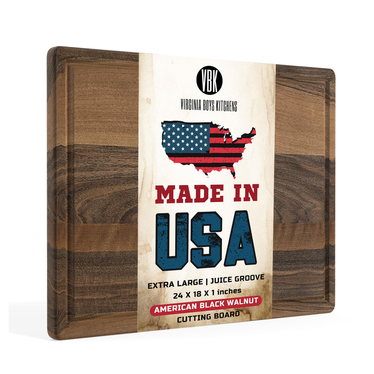 Virginia Boys Kitchens extra-large walnut cutting board, front view, ideal for generous chopping and carving sessions.