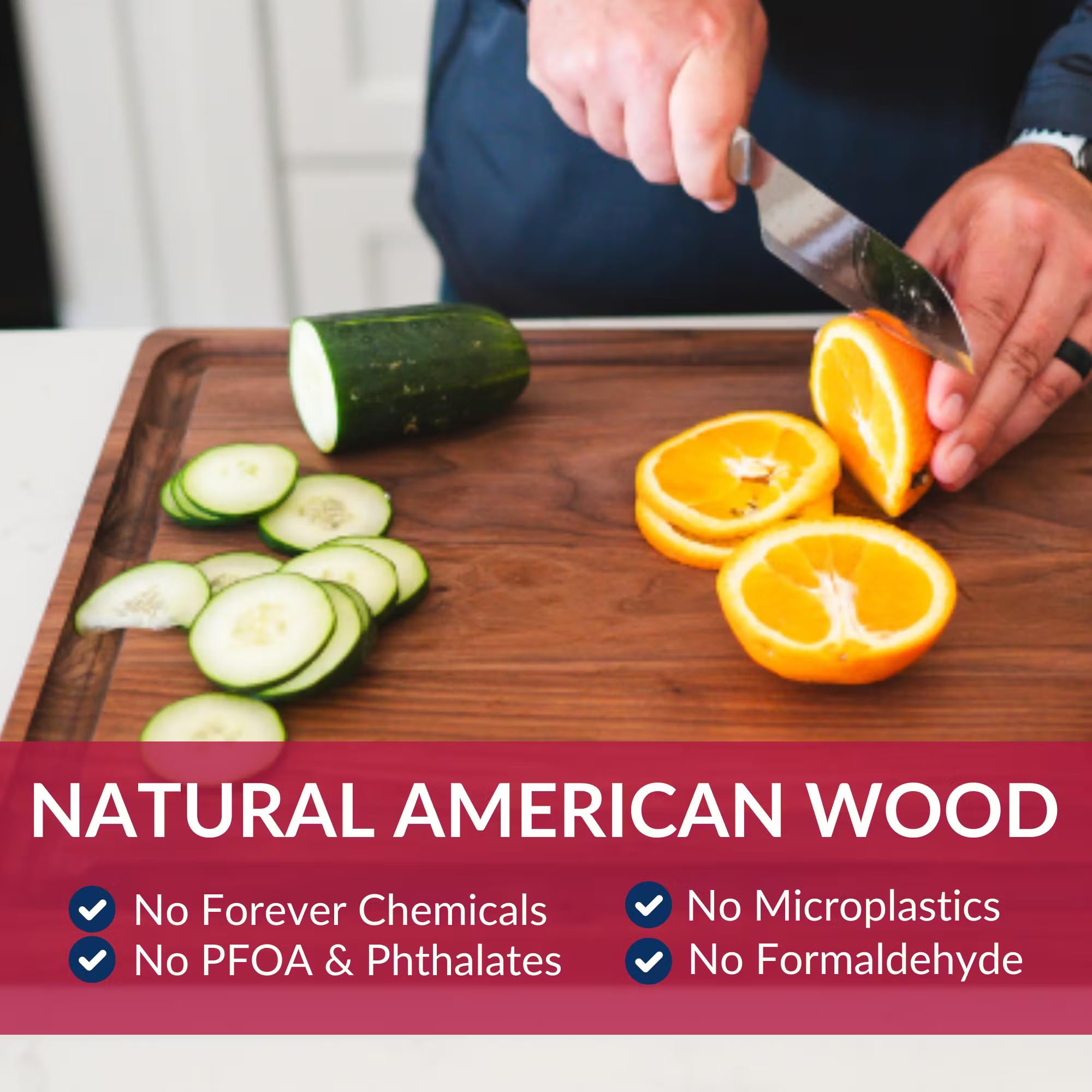 Virginia Boys Kitchens walnut cutting board, reversible surface for dual prep zones